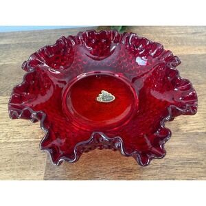 Vintage Fenton Ruby Red Hobnail Glass Bowl Ruffled Edge Handmade Art Glass